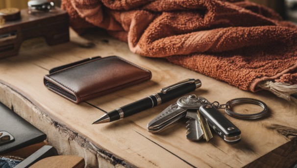 The image showcases a stylish and rugged everyday carry setup for men, featuring a sleek mechanical pencil inspired by Grafton Pens, a minimalist wallet, a multitool, and a keychain.